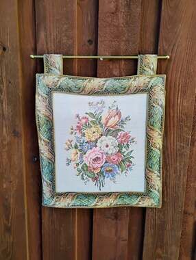 Vintage West German Floral Tapestry with Gold Tone Rod